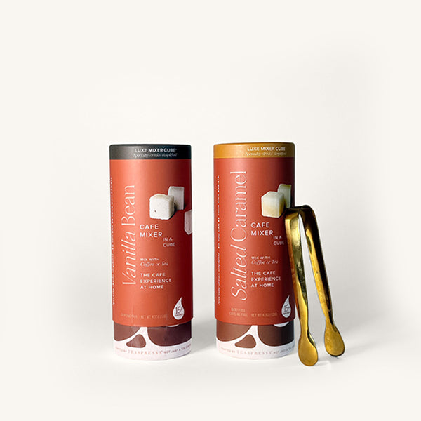 Two cylindrical coffee mixers with Vanilla Bean and Salted Caramel flavors on a white background.