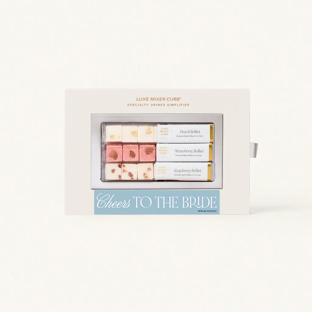Cheers to the Bride Luxe Mixer Cube kit with Silver tray. Peach, Strawberry, and Raspberry Bellini Mixers