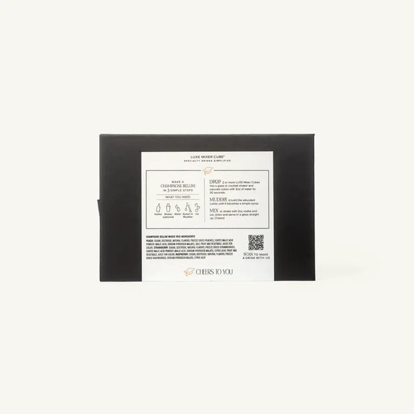 The back of a black rectangular box with a large white instruction label, photographed against a plain off-white background. The label includes product information, dropper illustrations, and the brand name CHEERS TO YOU.