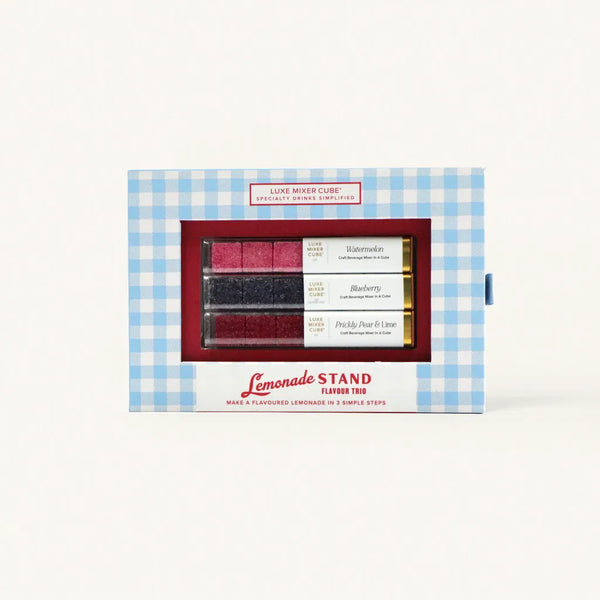 Lemonade Stand Luxe Mixer Cube packaging with a blue checkered gingham pattern on a white background.