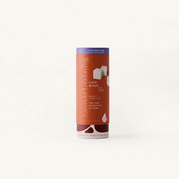 Lavendar London Fog Cafe Mixer Tallboy in Rust cylindical packaging.