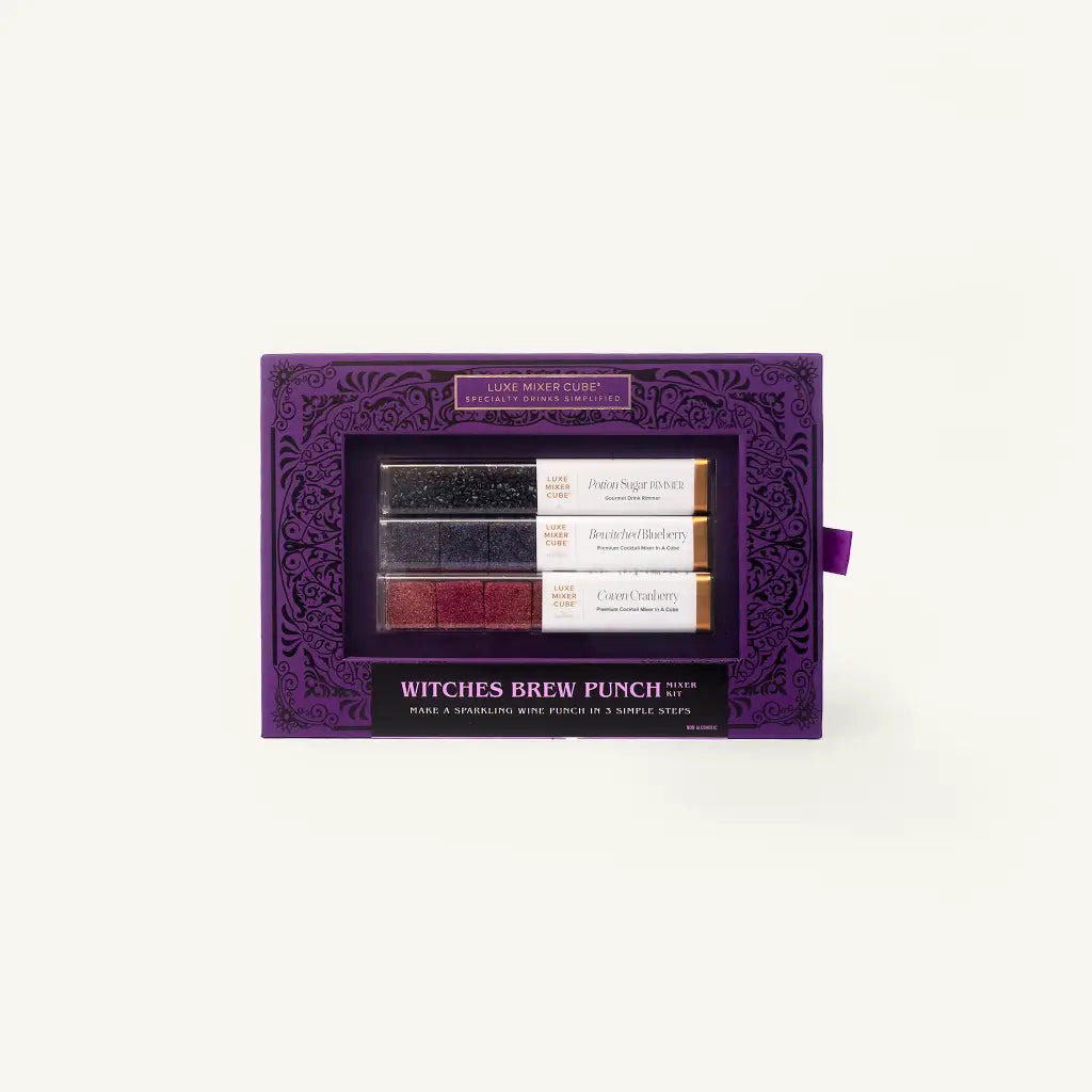 Purple Ornate Luxe Mixer Cube Kit with Cranberry and blueberry cubes, paired with a purple sugar rimmer.