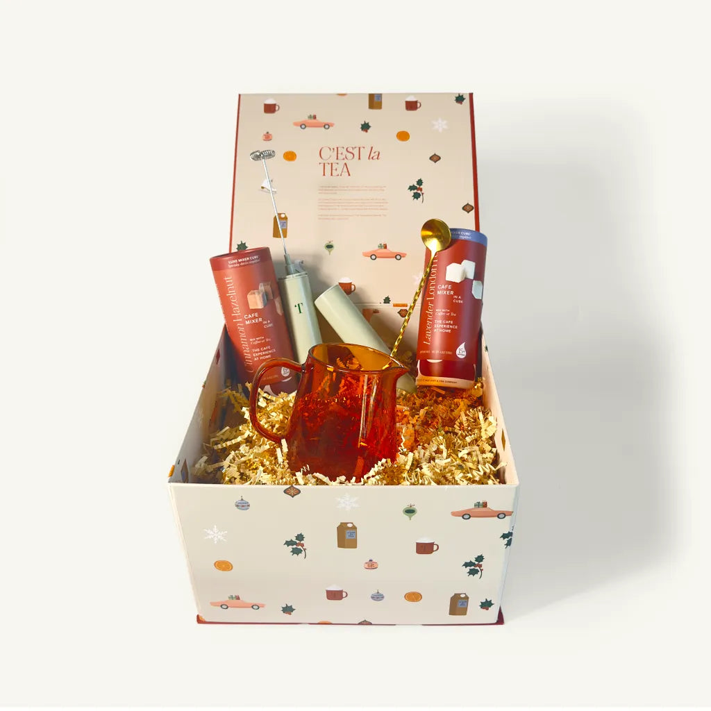 Teaspressa Branded Gift Box with Cinnamon Hazelnut and Lavendar London Fog Tallboy; with Milk Frother, Amber Pitcher, and Gold Bar Spoons. 