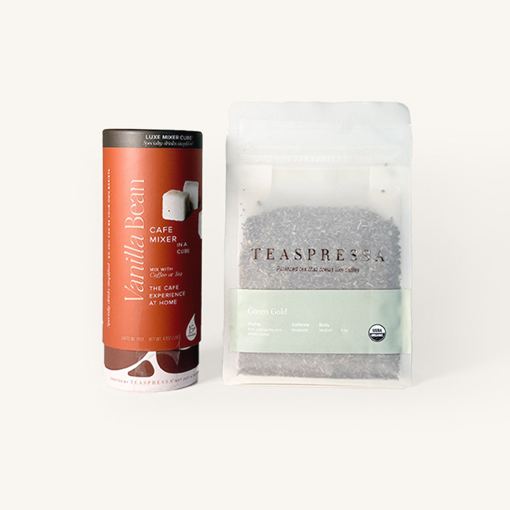 Vanilla Bean green tea latte set by Teaspressa
