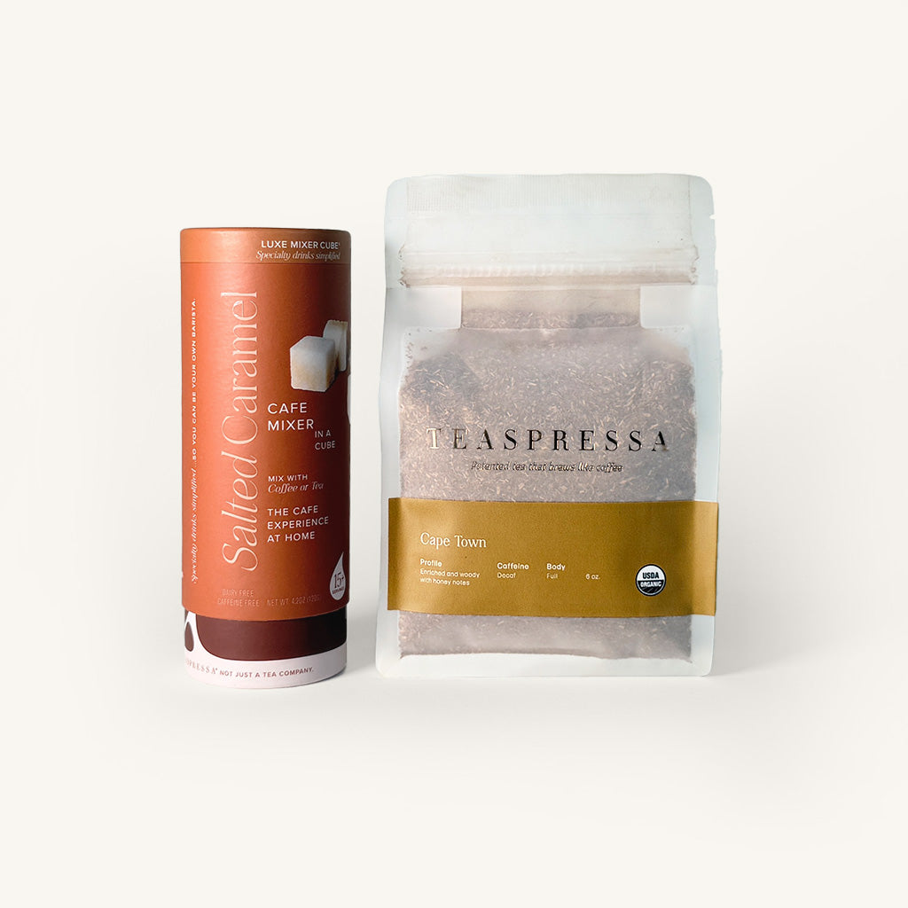 Salted Caramel Luxe Mixer Cube Tallboy & Rooibos Decaf Cape Town Teaspressa Tea Pouch - Enriched and Woody  with honey notes