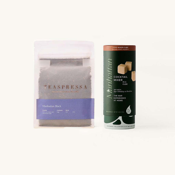 Manhattan Black Tea Pouch and Manhattan Luxe Mixer Cube tallboy on a clean off white background.
