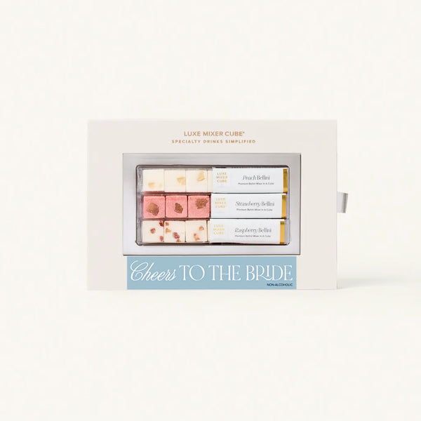 Cheers to the Bride Luxe Mixer Cube kit with Silver tray. Peach, Strawberry, and Raspberry Bellini Mixers