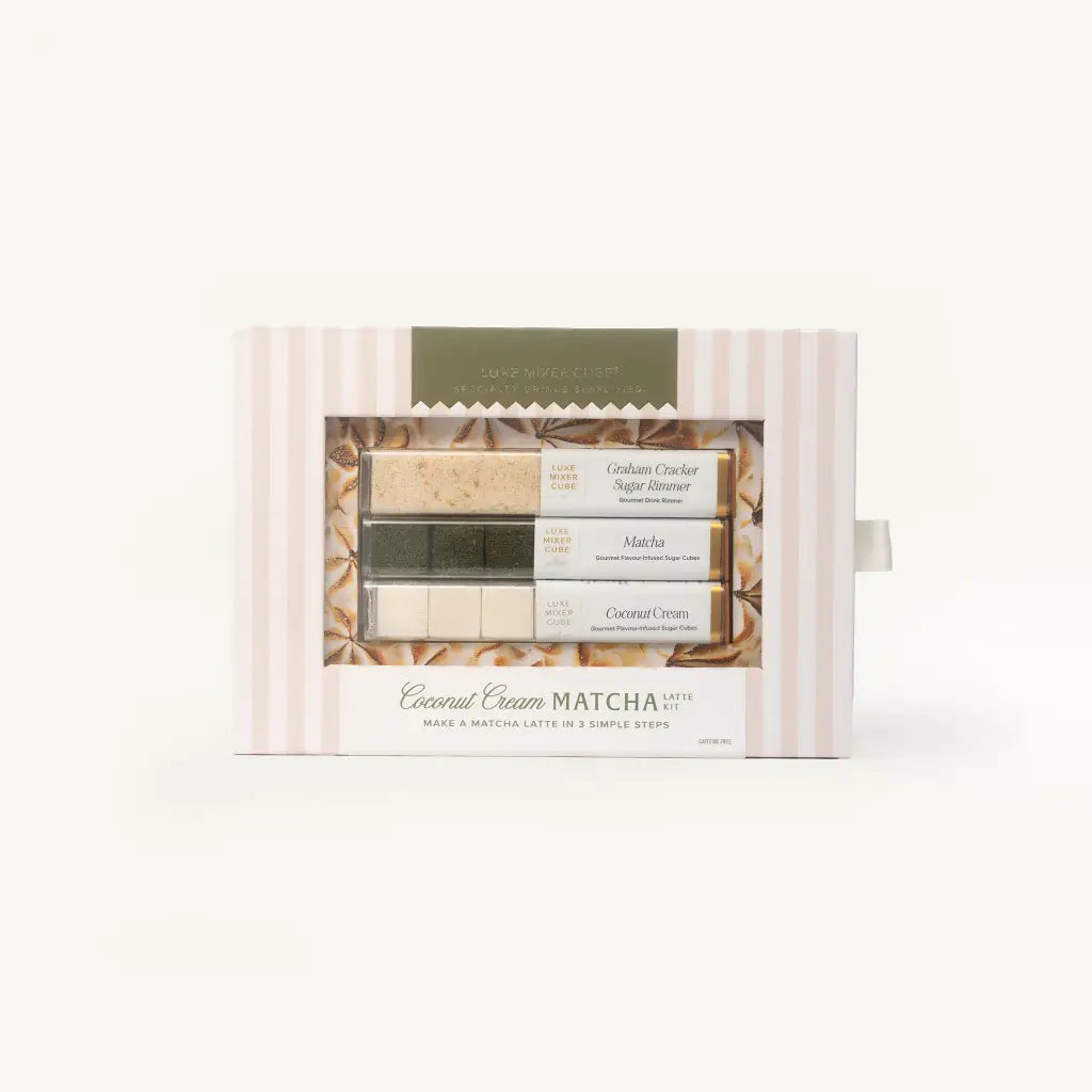 Coconut Cream Matcha in Pie inspired striped packaging - with Coconut Cream, Matcha Cubes, and Graham cracker rimmer. 