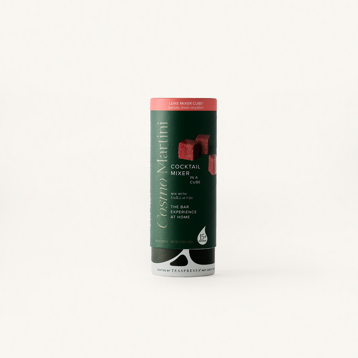 Cosmo Luxe Mixer Cube Tallboy in dark green cylindical packaging.