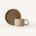 Textured Stone mug and Saucer with smooth dark grey glaze on inside and top surface.