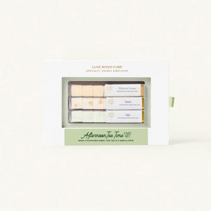 Afternoon Tee Time Café Set in a premium tray packaging featuring gourmet Lemon, Peach, and Mint tea flavour mixer cubes.